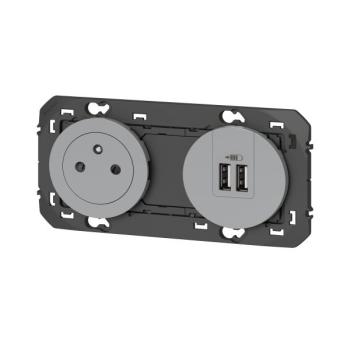  2P+T CHARGEUR USB 2POSTES ALU 